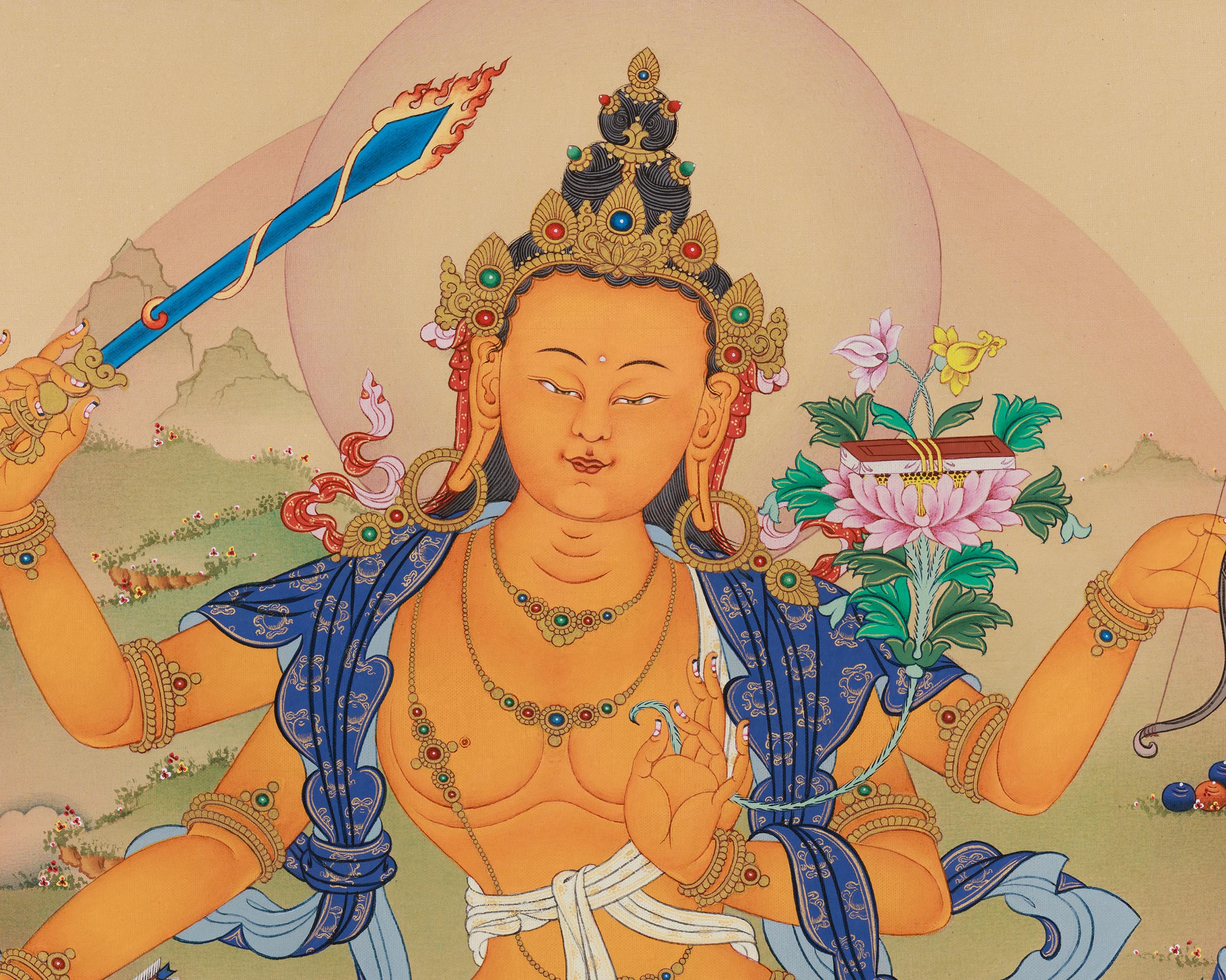 Rare Four-Armed Manjushri Thangka Print | Tibetan Buddhist Wisdom Deity | High-Quality Giclee Canvas