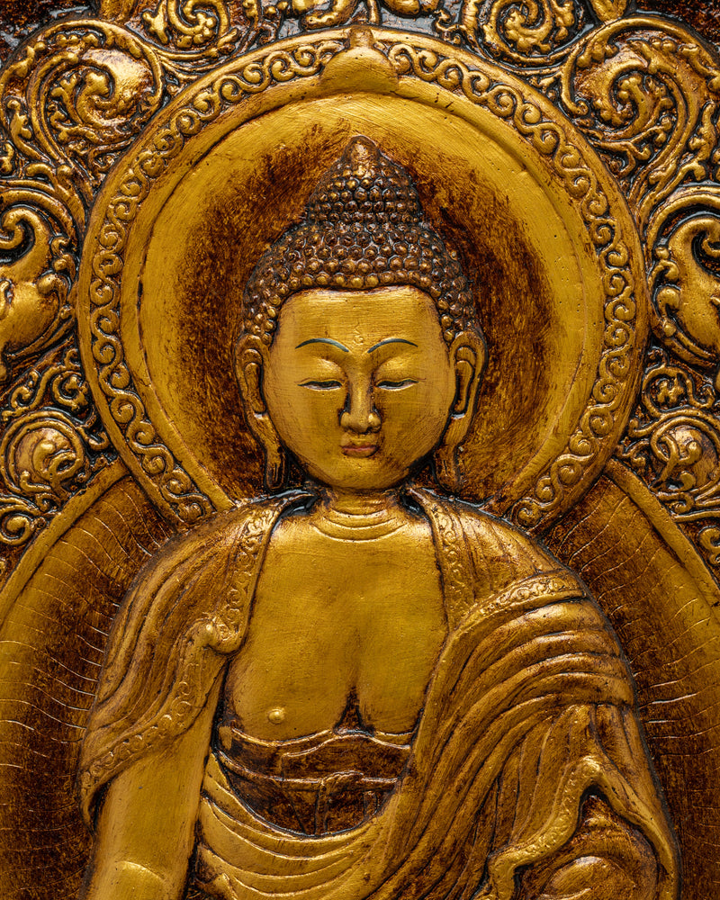 Hand-Carved Shakyamuni Buddha Thangka Art | Gold Wooden Thangka For Meditation Practice