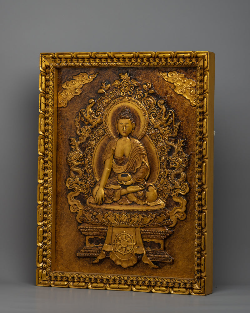 Hand-Carved Shakyamuni Buddha Thangka Art | Gold Wooden Thangka For Meditation Practice