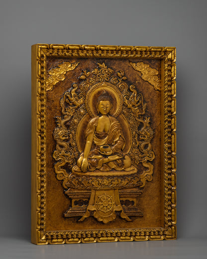 Hand-Carved Shakyamuni Buddha Thangka Art | Gold Wooden Thangka For Meditation Practice