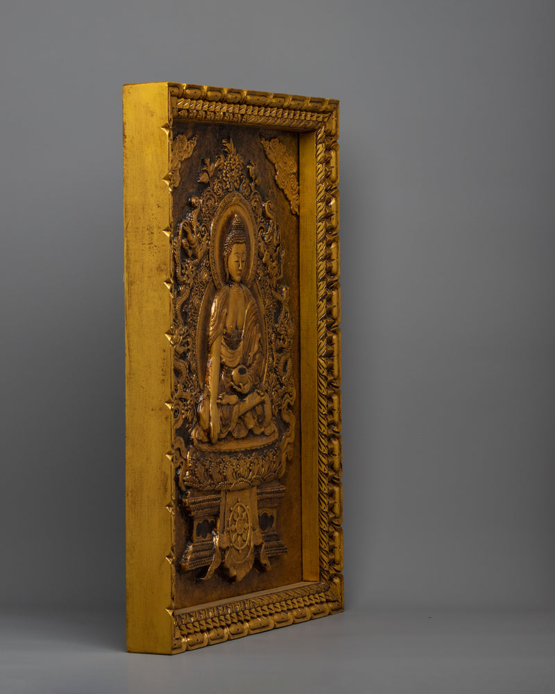 Hand-Carved Shakyamuni Buddha Thangka Art | Gold Wooden Thangka For Meditation Practice