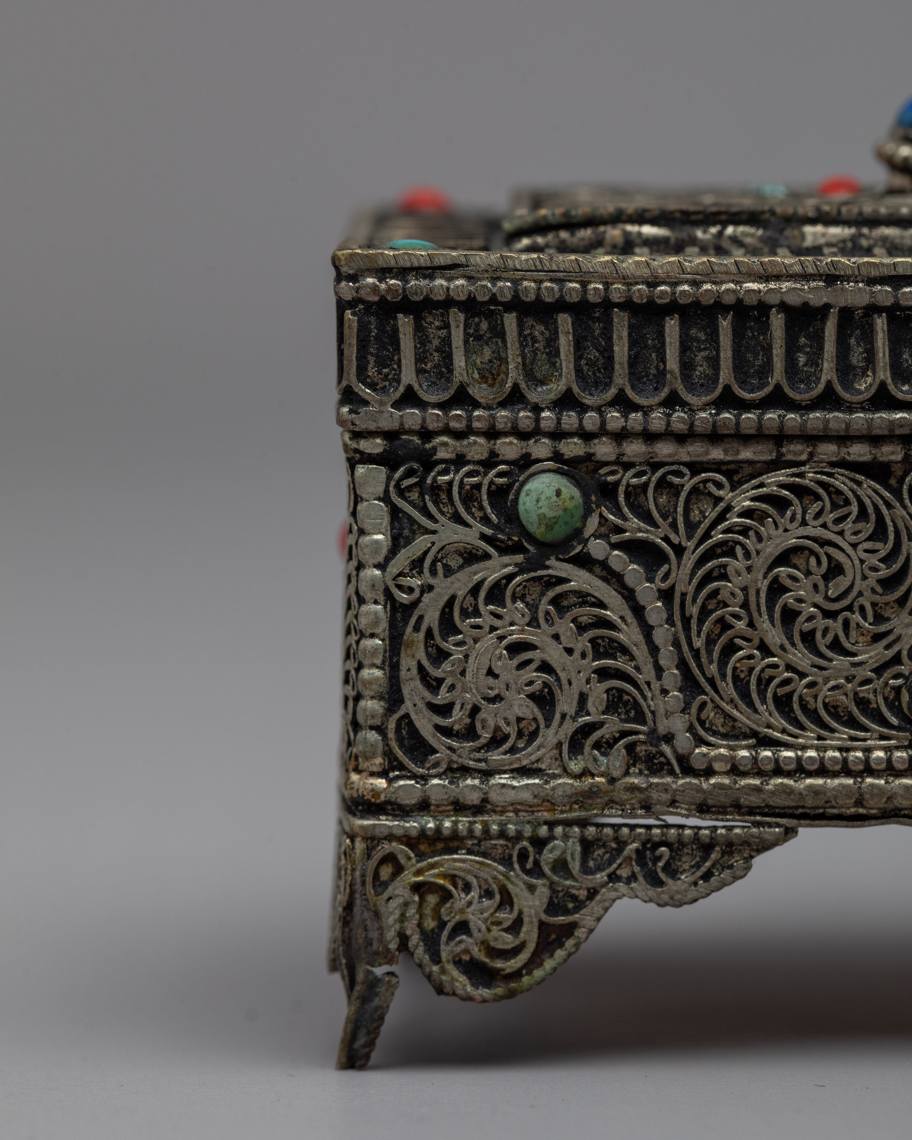 Tibetan Mini Treasure Chest | Tibetan Box with Gemstones Inlaid