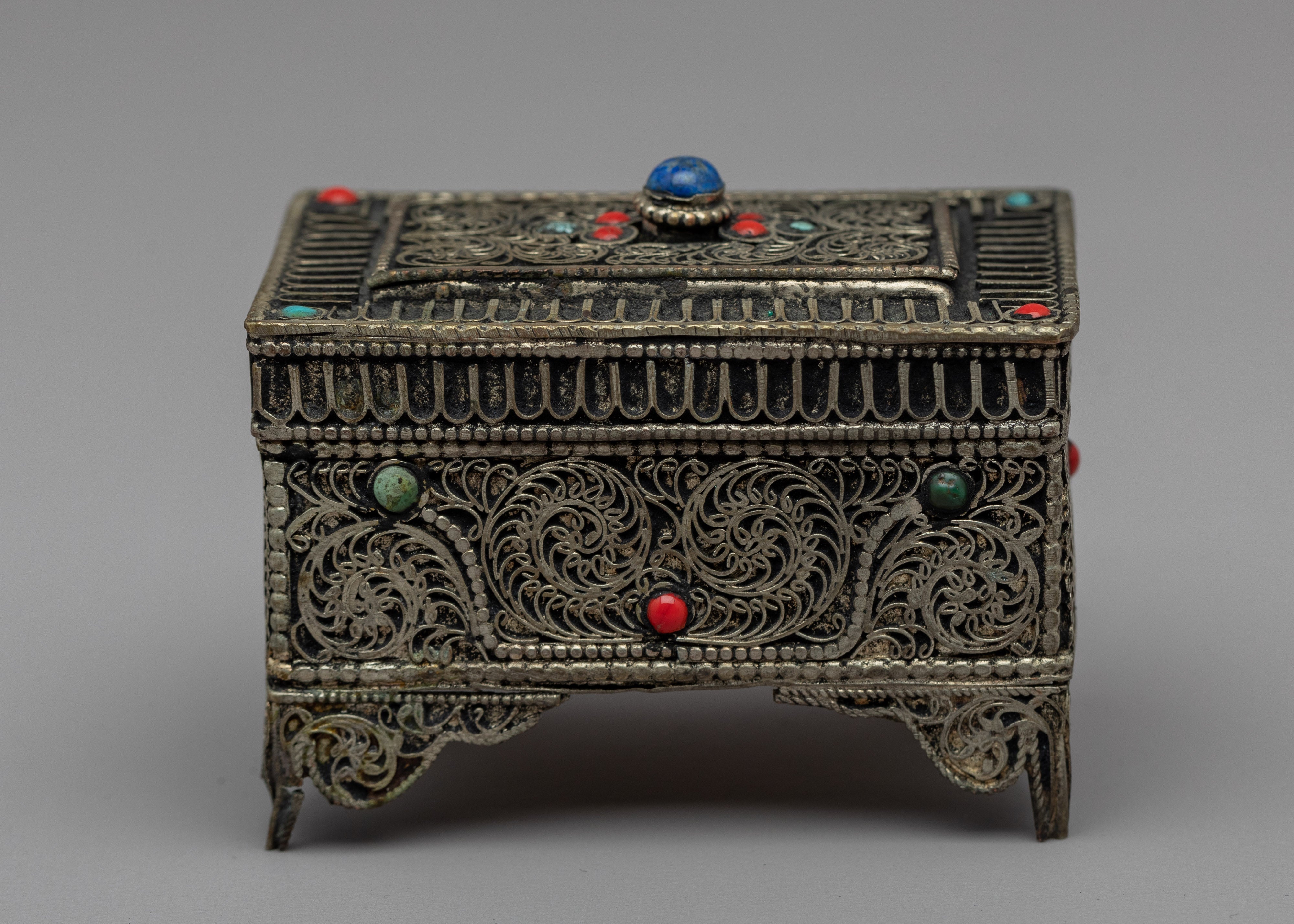 Tibetan Mini Treasure Chest | Tibetan Box with Gemstones Inlaid