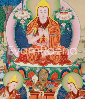 Tsongkhapa Canvas Print with Disciples | Giclee Thangka Art | Tibetan Buddhism Wall Hanging