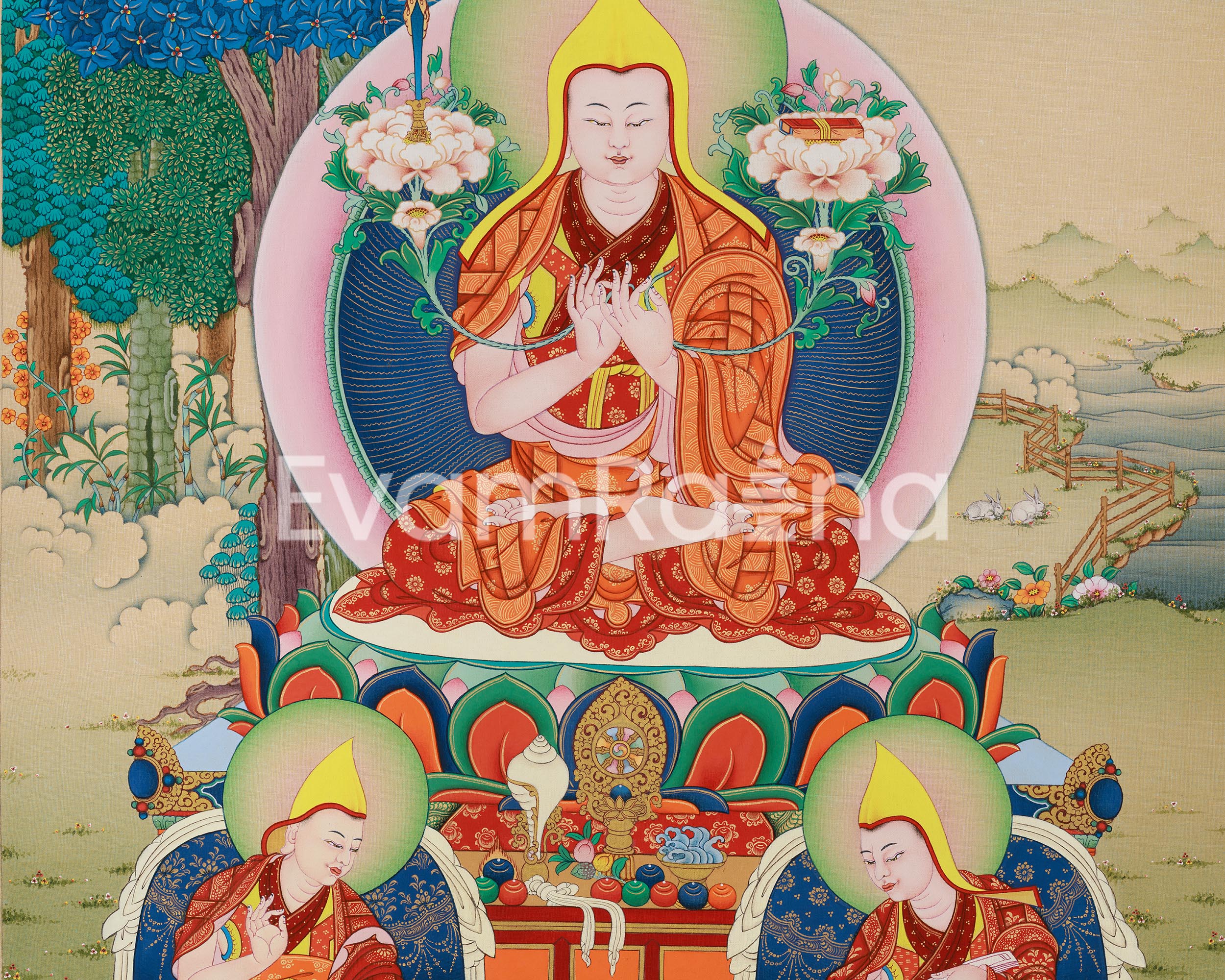Tsongkhapa Canvas Print with Disciples | Giclee Thangka Art | Tibetan Buddhism Wall Hanging