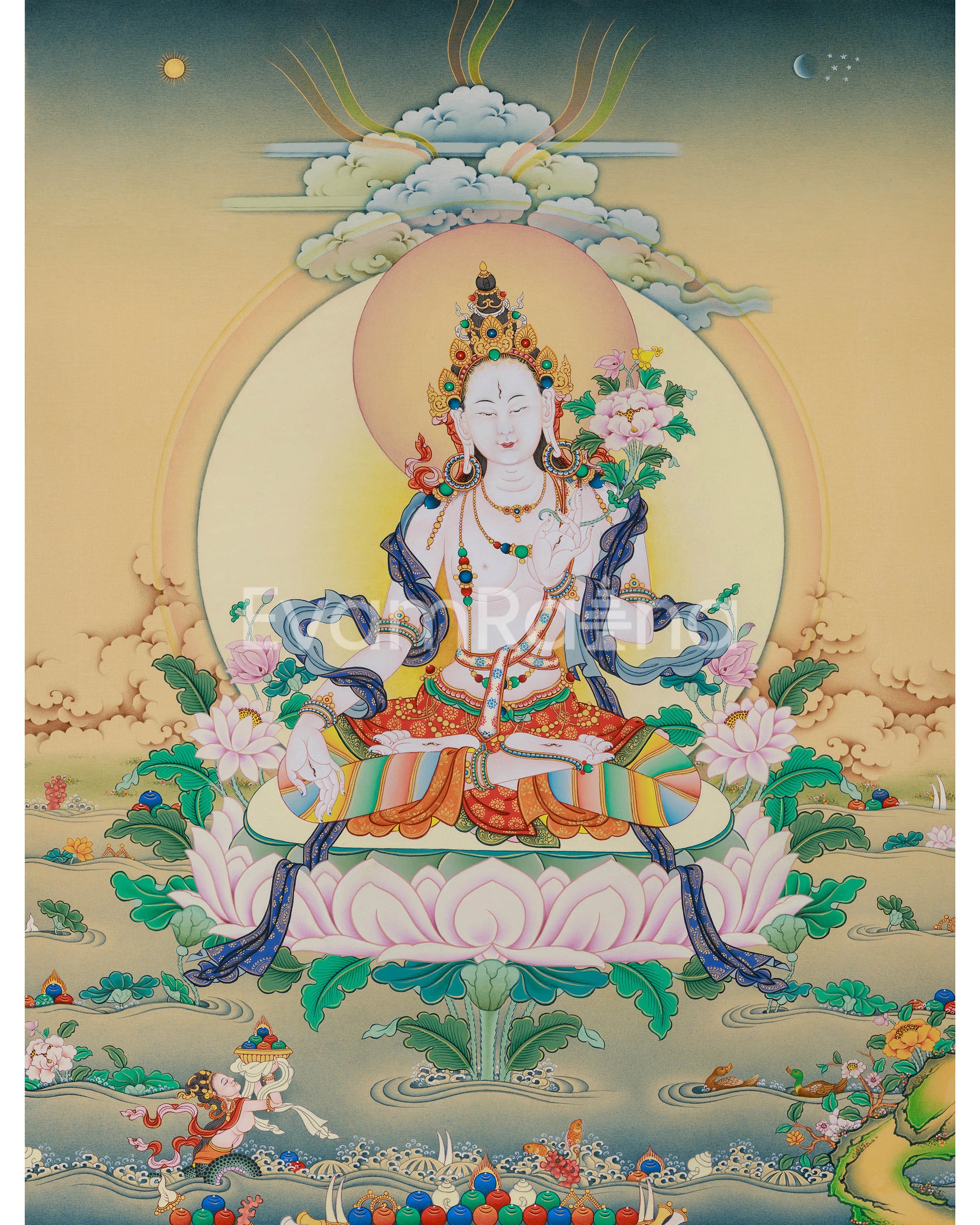 Buddhist White Tara Thangka Print on Canvas 