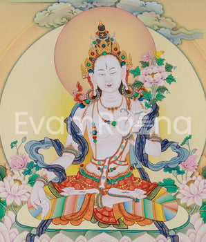 Buddhist White Tara Thangka Print on Canvas | Sacred Art of Compassion and Healing