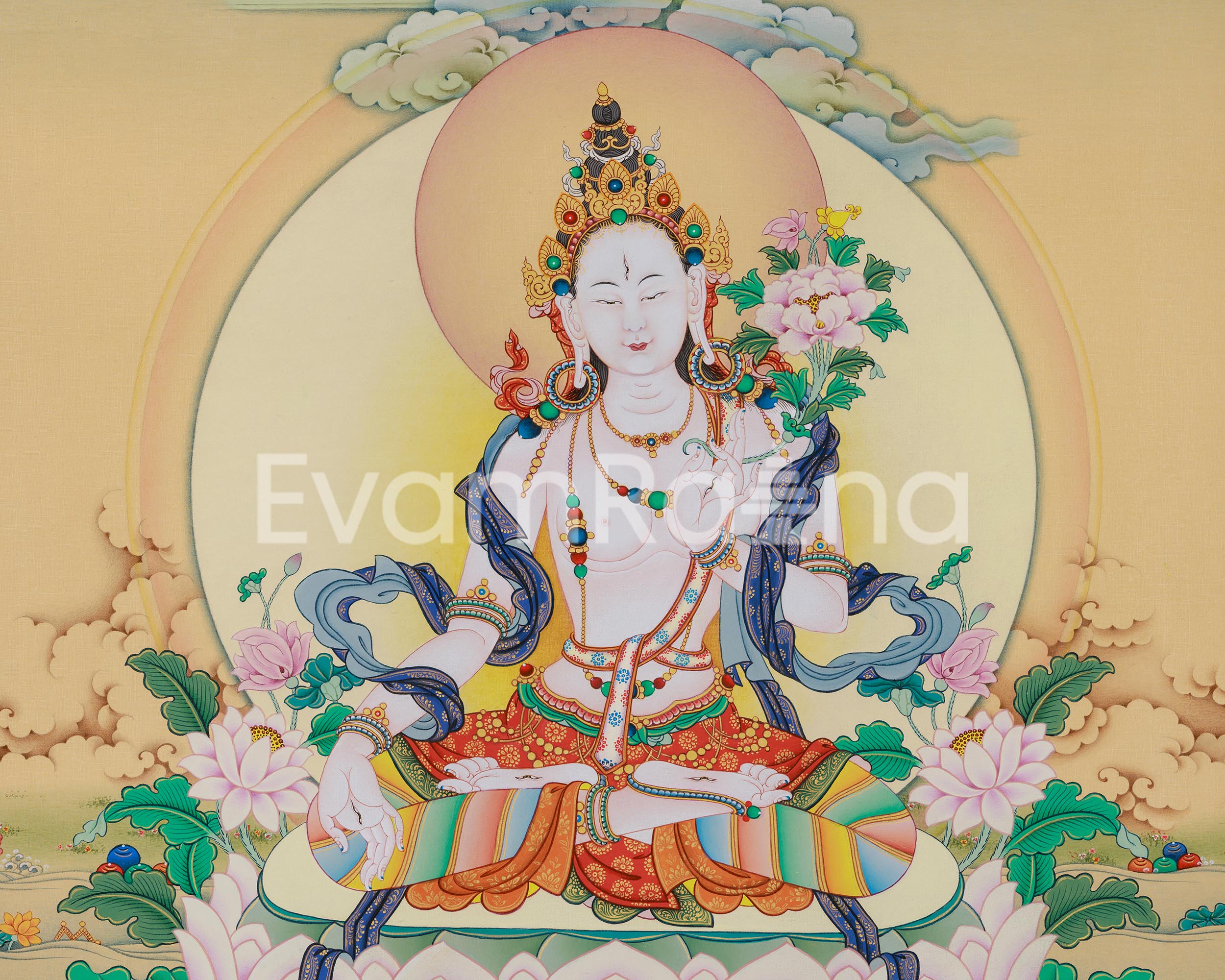 Buddhist White Tara Thangka Print on Canvas | Sacred Art of Compassion and Healing