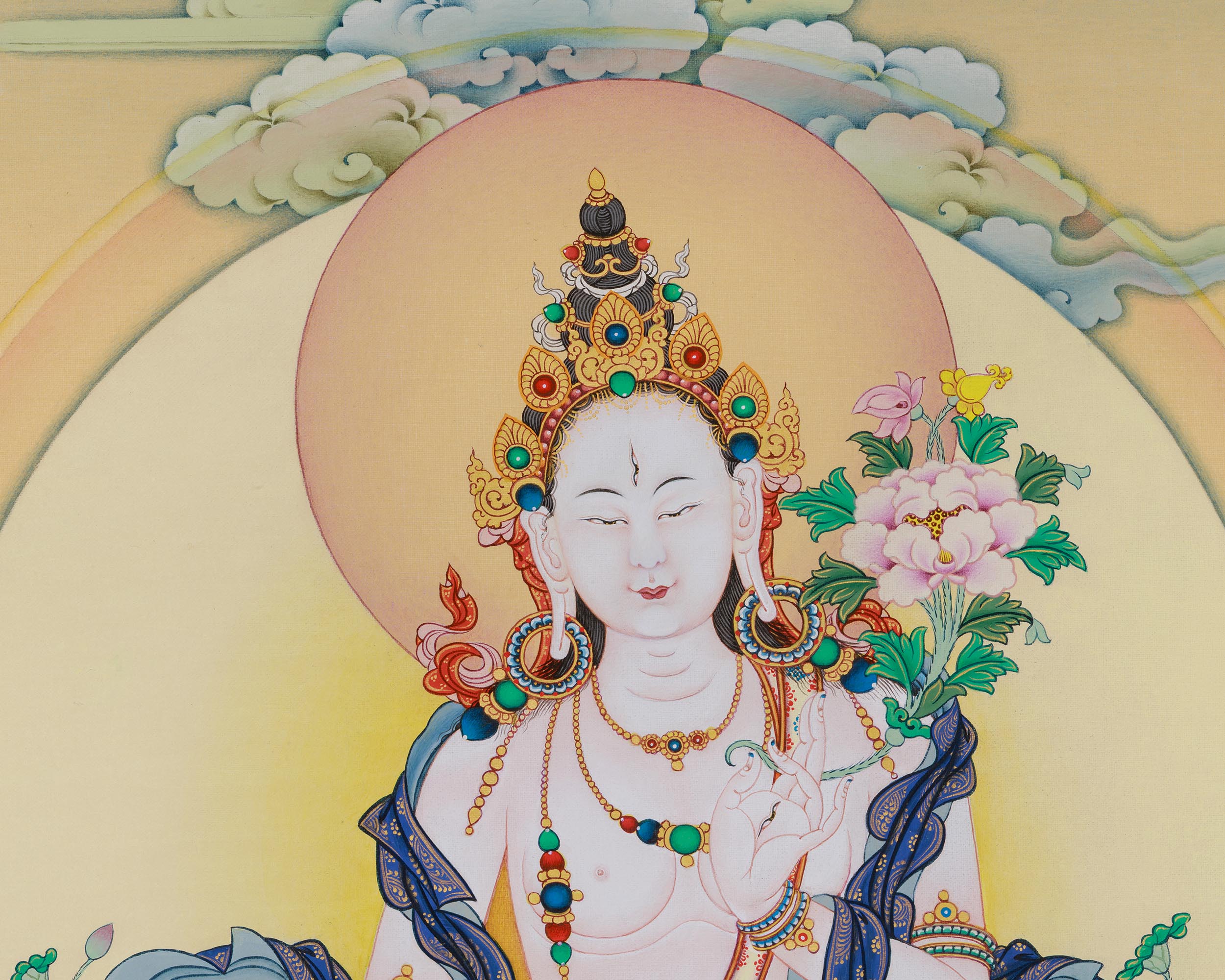 Buddhist White Tara Thangka Print on Canvas | Sacred Art of Compassion and Healing