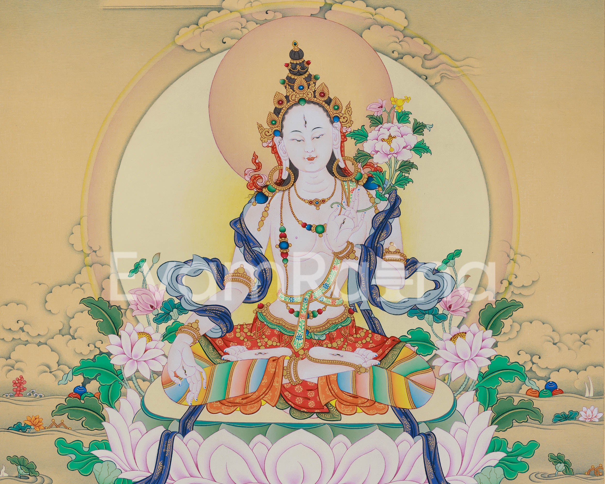 Ma-Arya White Tara Giclee Canvas | Sacred Seven-Eyed White Dolma Art