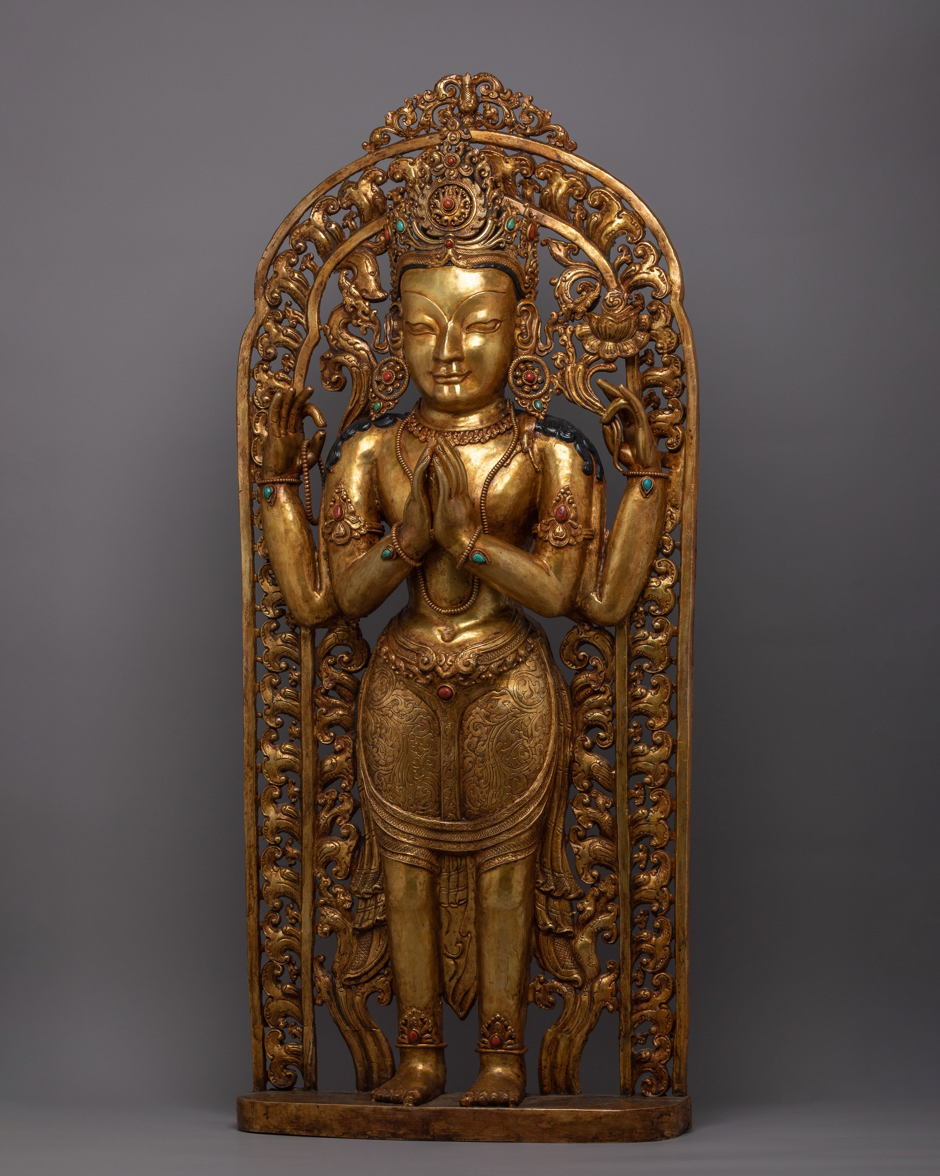 Standing 4 Arm Chenrezig Statue | Gold Plated Traditional Buddhist Statue