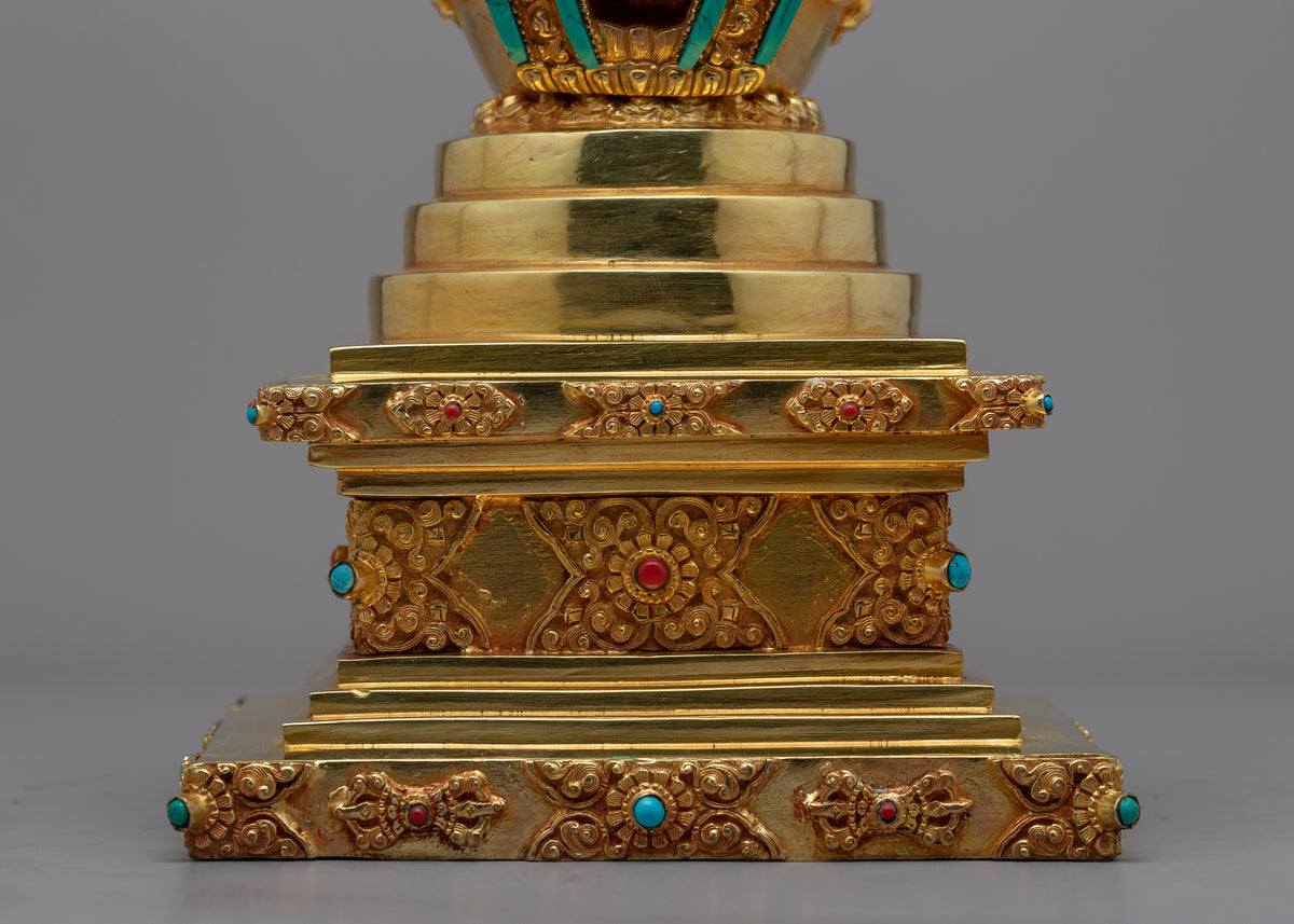 24k Gold Plated Buddhist Chorten Stupa | Traditional Himalayan Art