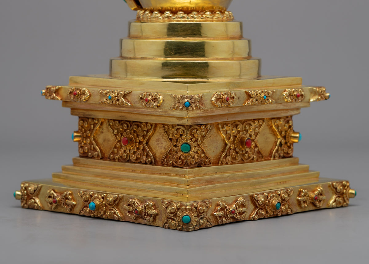 24k Gold Plated Buddhist Chorten Stupa | Traditional Himalayan Art