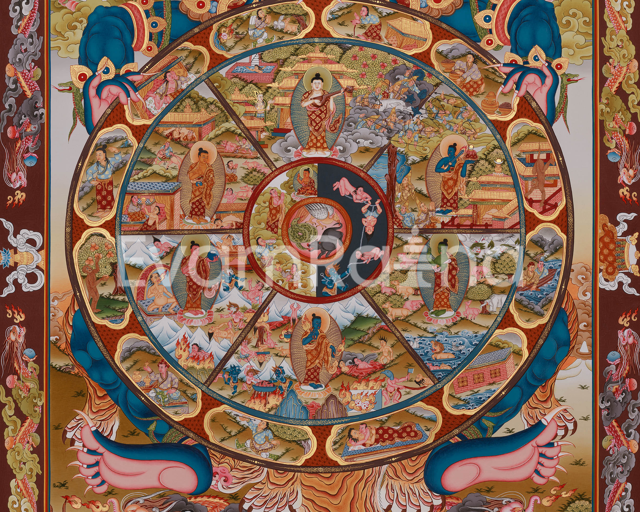 Buddhist Wheel of Life Thangka Print | Detailed Representation of Samsara and Enlightenment