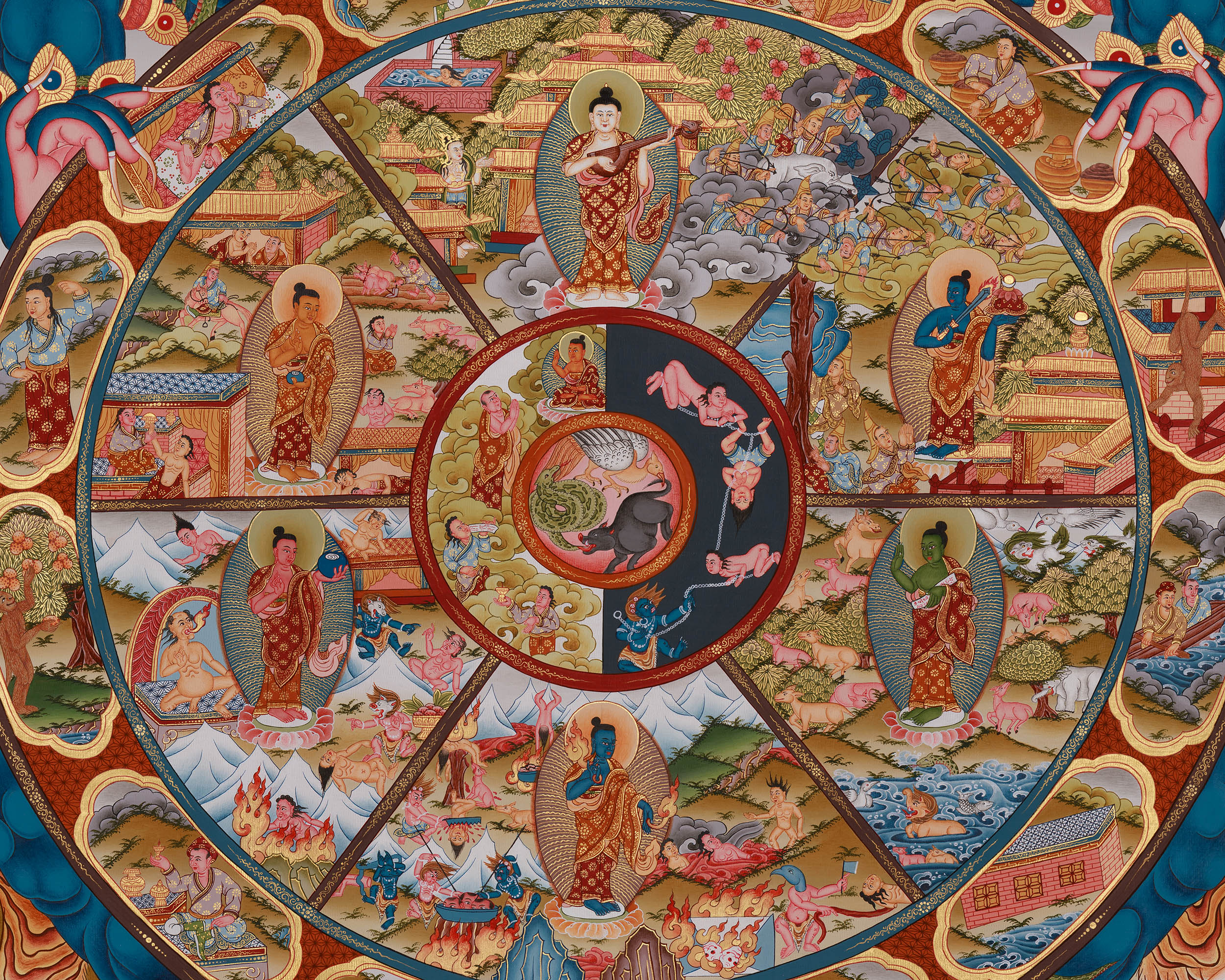 Buddhist Wheel of Life Thangka Print | Detailed Representation of Samsara and Enlightenment