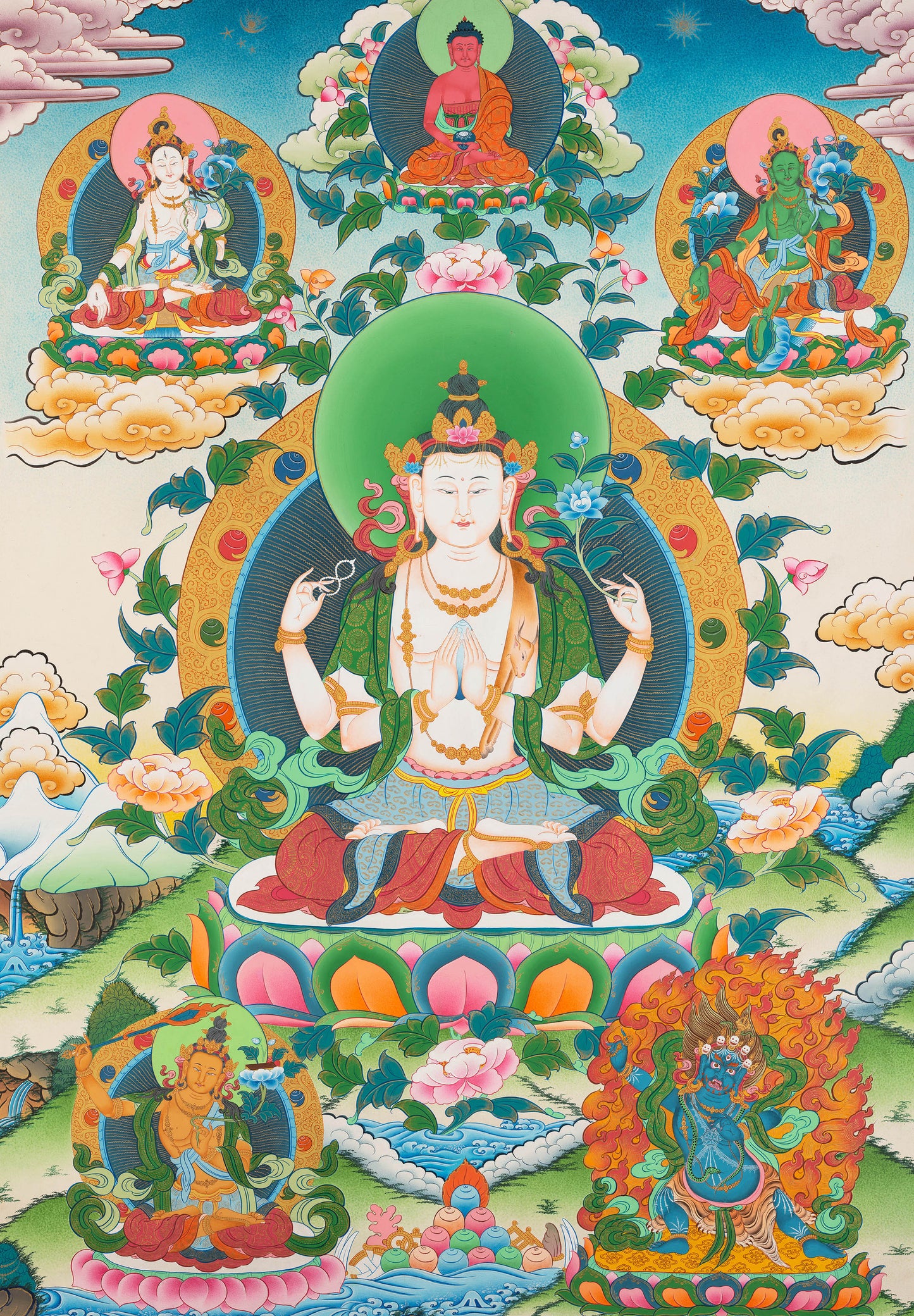 Avalokitesvara Chengrezig Thangka | Traditional Buddhist Paint | Wall Decors