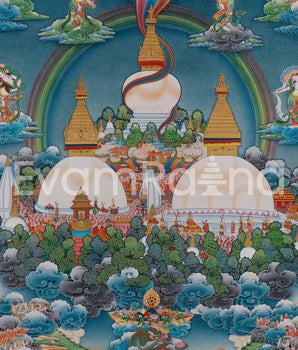 Five Buddha and  Boudha Stupa Thangka, Tibetan Meditation Wall Art