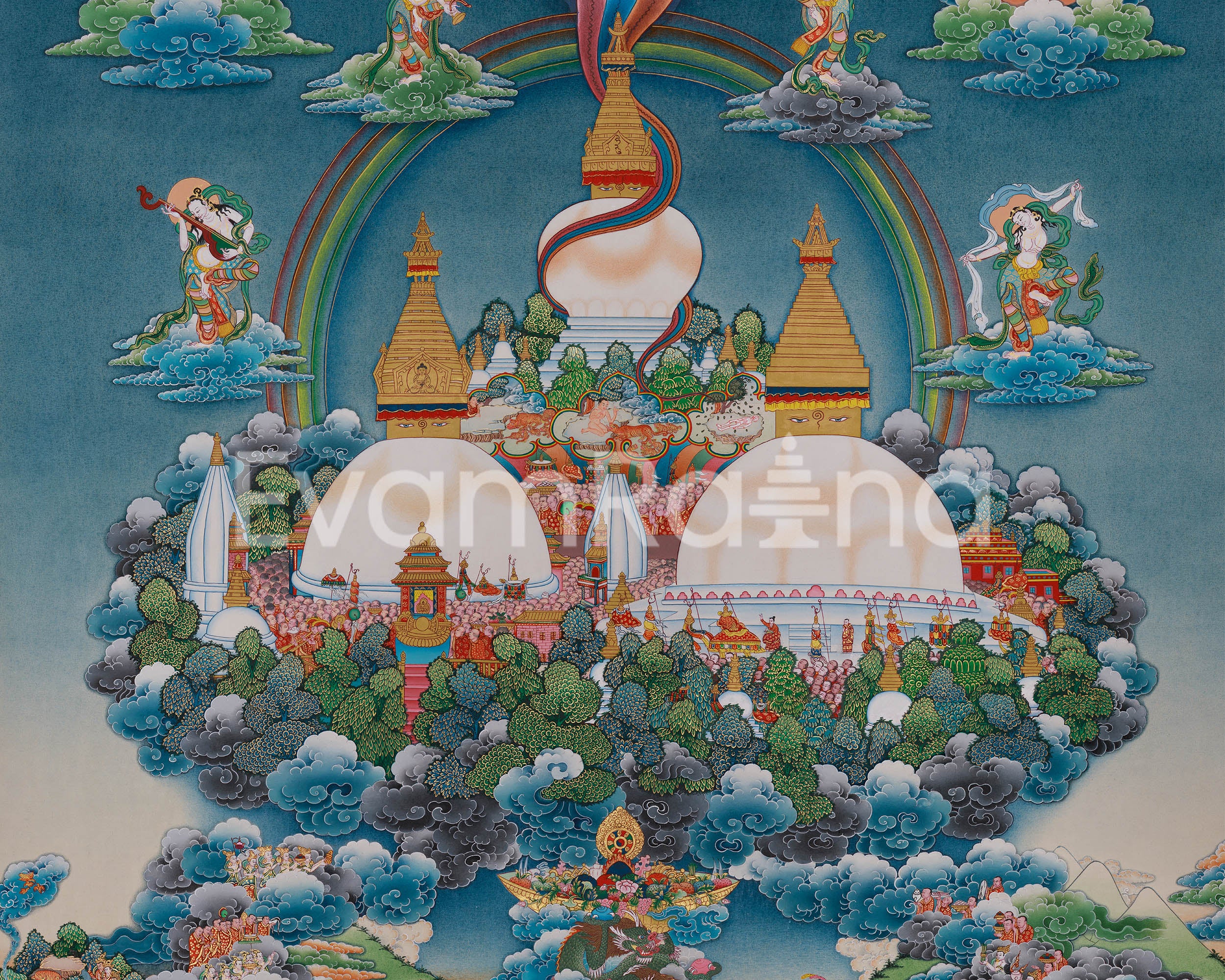 Five Buddha and  Boudha Stupa Thangka, Tibetan Meditation Wall Art