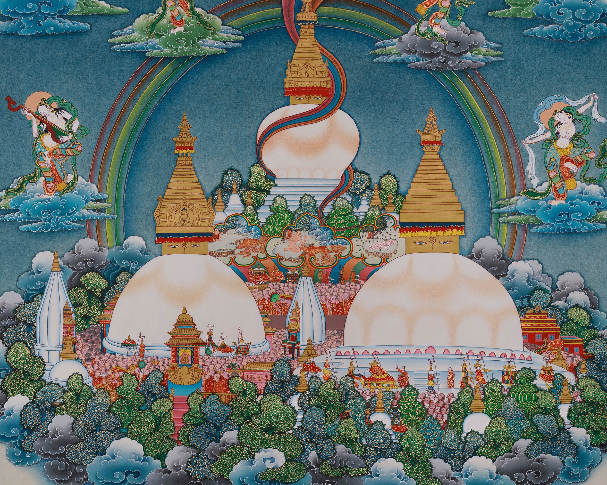 Five Buddha and  Boudha Stupa Thangka, Tibetan Meditation Wall Art