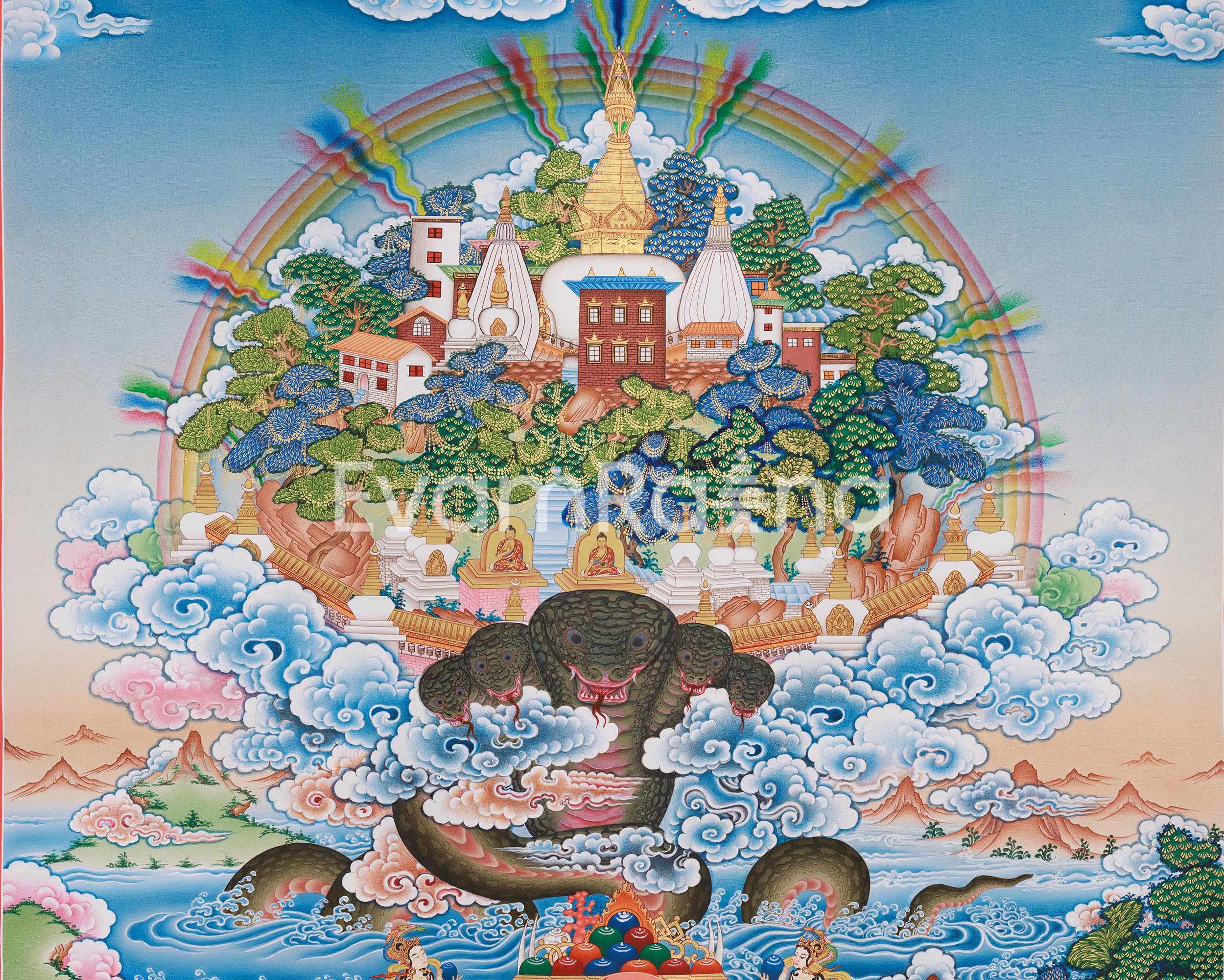 Swayambhunath Stupa with Manjushri Thangka Print | Depicting the Sacred Bodhisattva of Wisdom