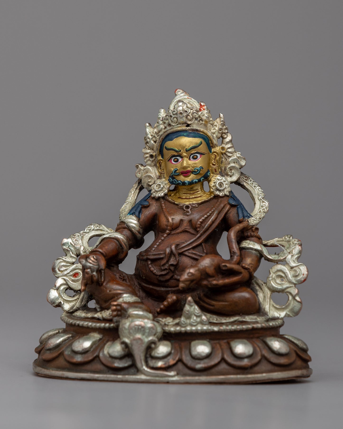 Dzambhala Buddha Wealth Deity Statue | 24k Gold Gilded Copper Body with Silver Plating