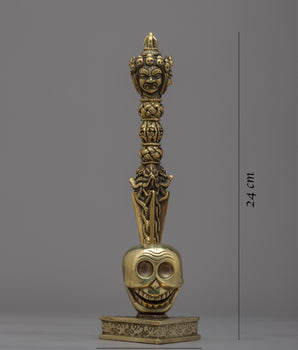 Tibetan Dagger Phurba | Stunning Brass Body Phurba with Skull Stand