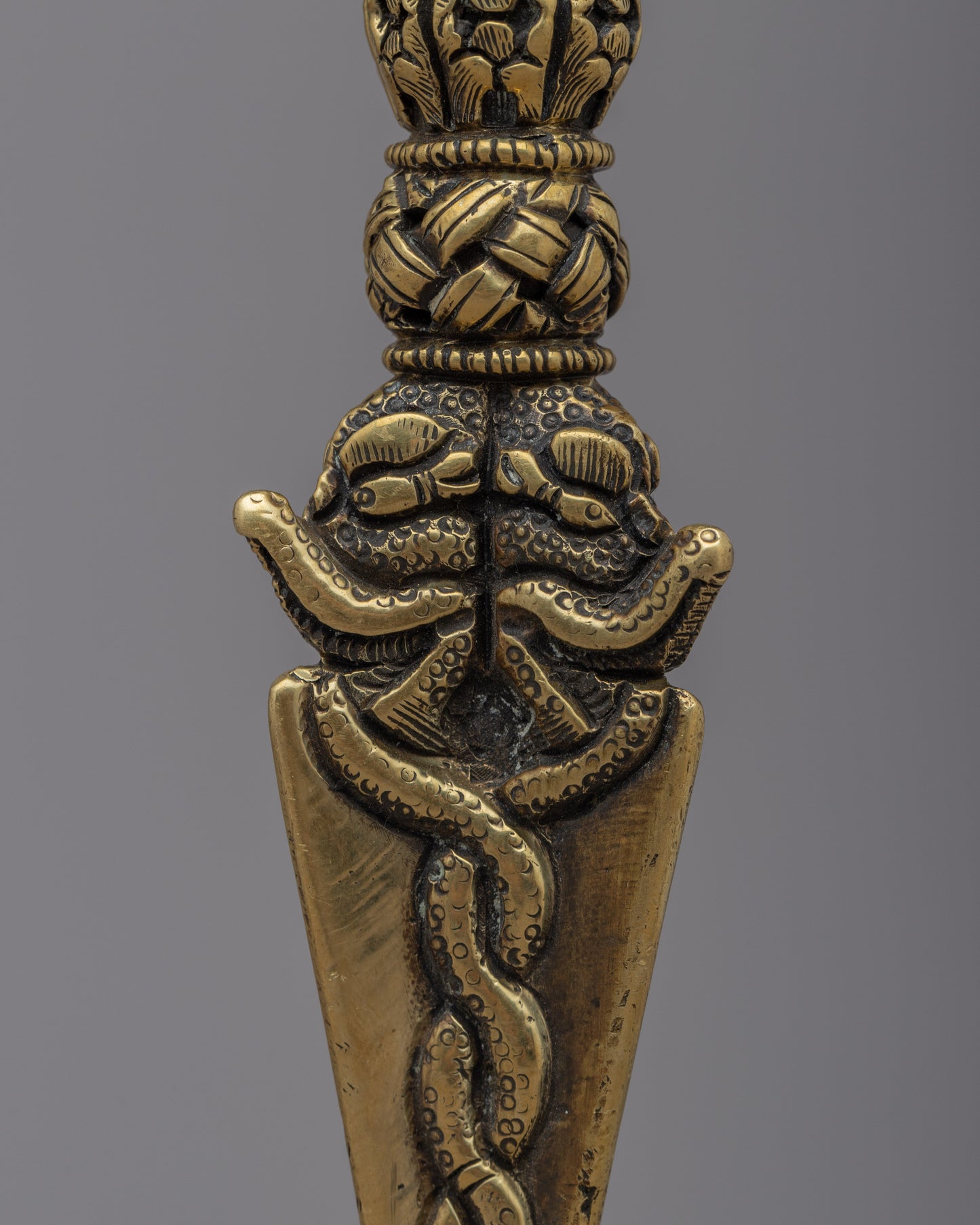 Tibetan Dagger Phurba | Stunning Brass Body Phurba with Skull Stand