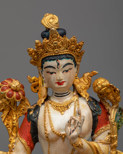 Divine White Tara Statue | Machine Made Copper Statue with 24k Gold Plating and Acrylic Painting"