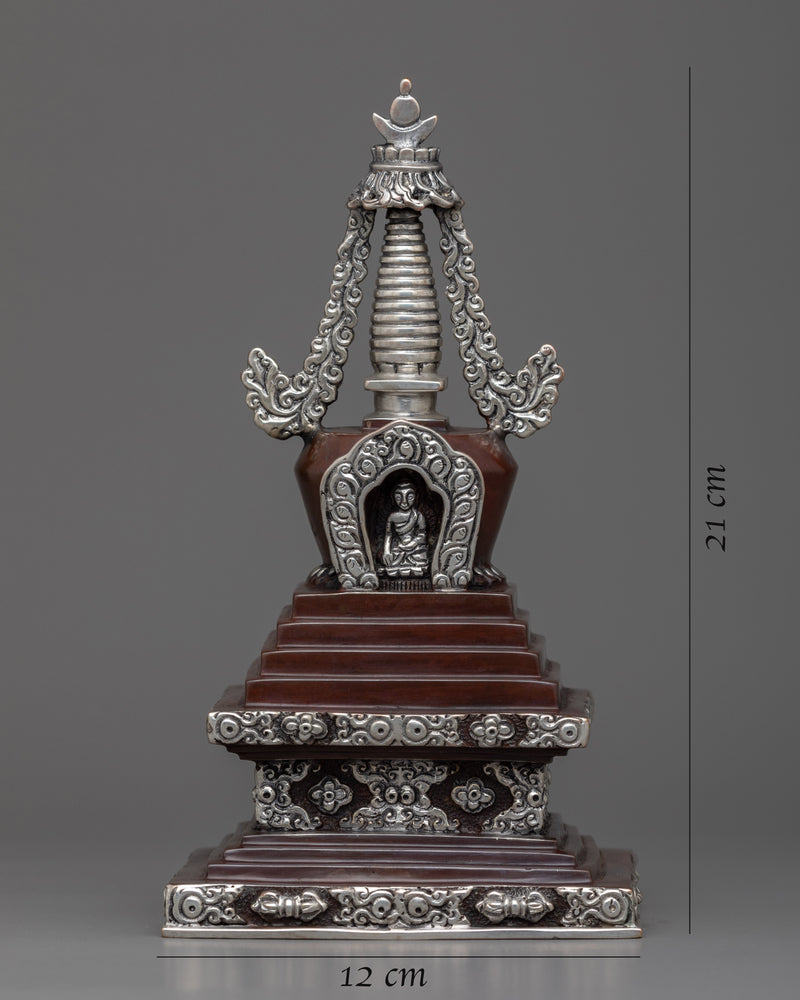 Handmade Copper Stupa | Exquisite Silver Plated Chorten for Buddhists