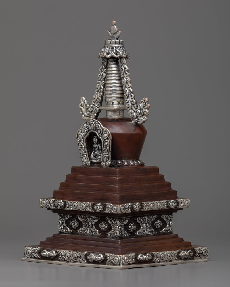 Handmade Copper Stupa | Exquisite Silver Plated Chorten for Buddhists