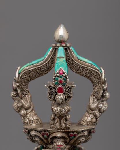 Vishwa Vajra | Double Vajra with Stand | Silver Body with Embedded Stones