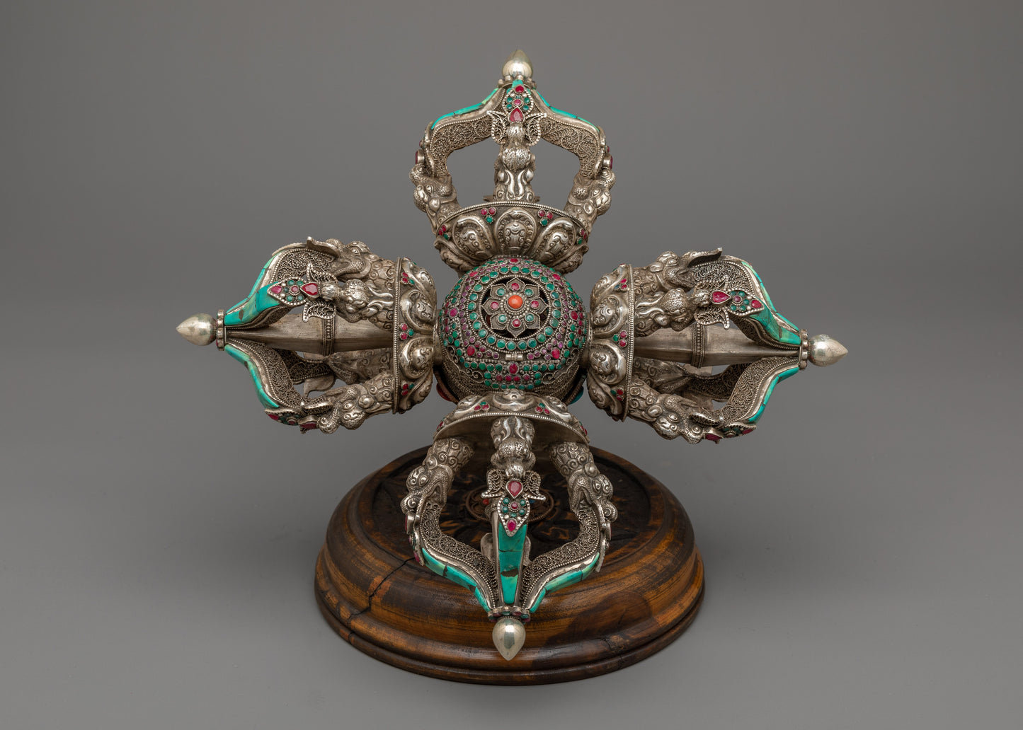 Vishwa Vajra | Double Vajra with Stand | Silver Body with Embedded Stones