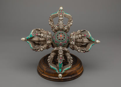 Vishwa Vajra | Double Vajra with Stand | Silver Body with Embedded Stones