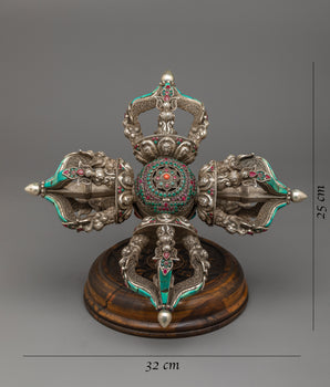 Vishwa Vajra | Double Vajra with Stand | Silver Body with Embedded Stones