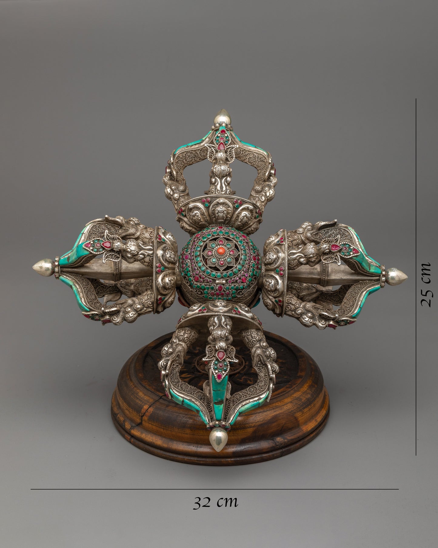 Vishwa Vajra | Double Vajra with Stand | Silver Body with Embedded Stones