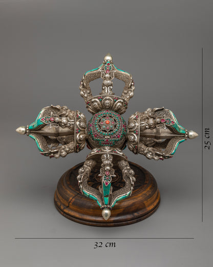 Vishwa Vajra | Double Vajra with Stand | Silver Body with Embedded Stones