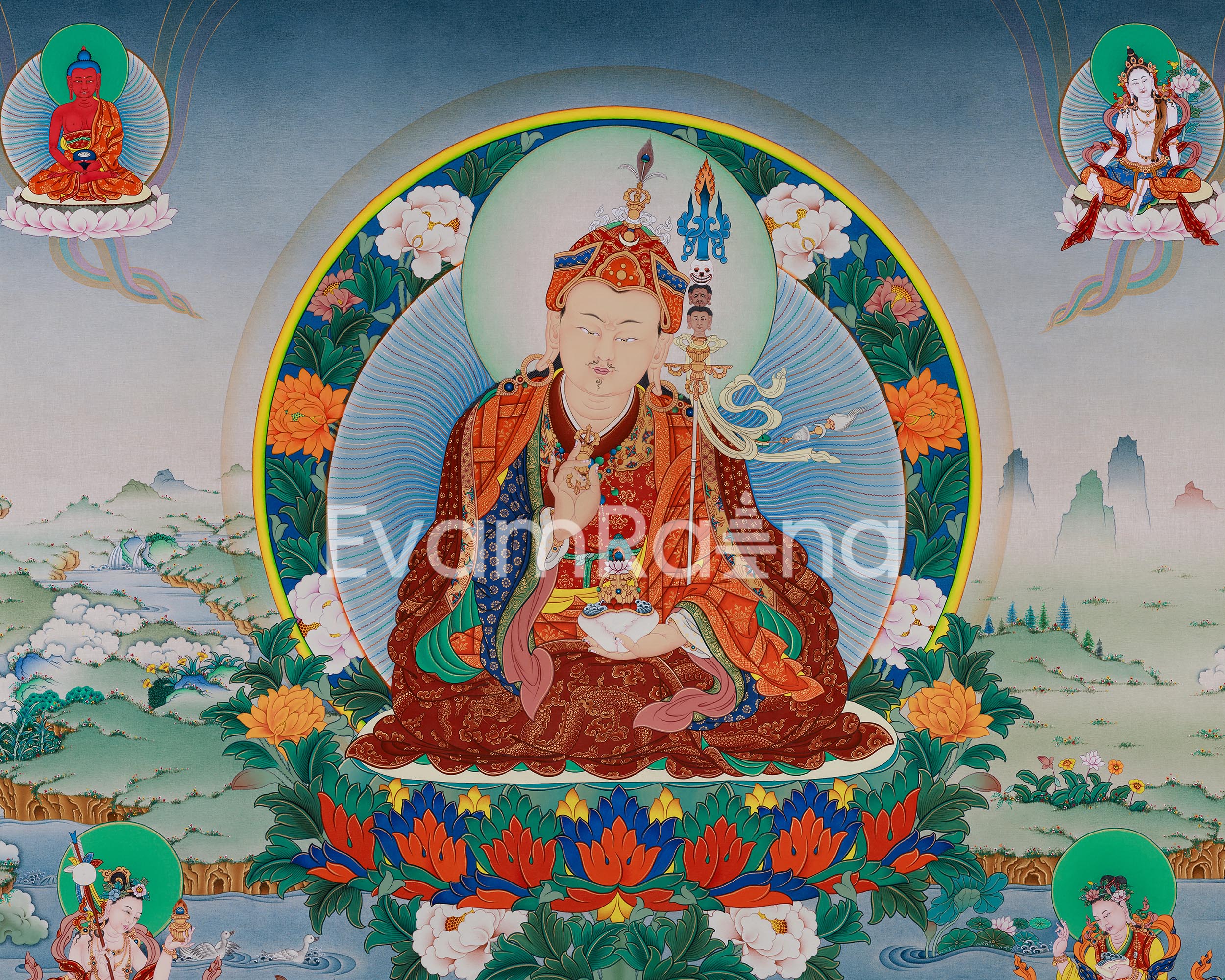 Guru Tsokye Dorje, Peaceful Guru Padmasambhava | Traditional Thangka Print