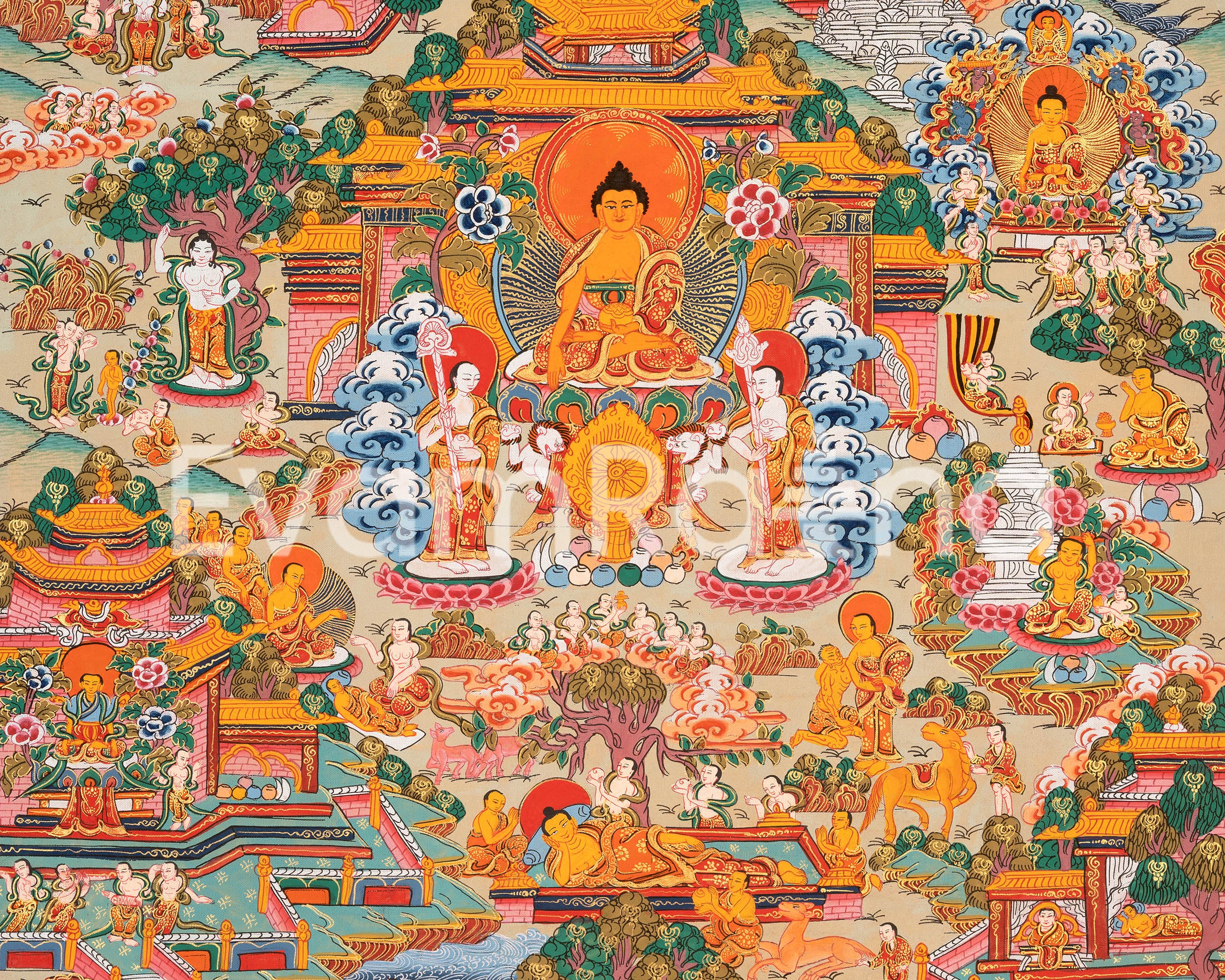 Vintage Buddha Life Thangka |  Shakyamuni Buddha Story Thangka for Meditation and Devotion