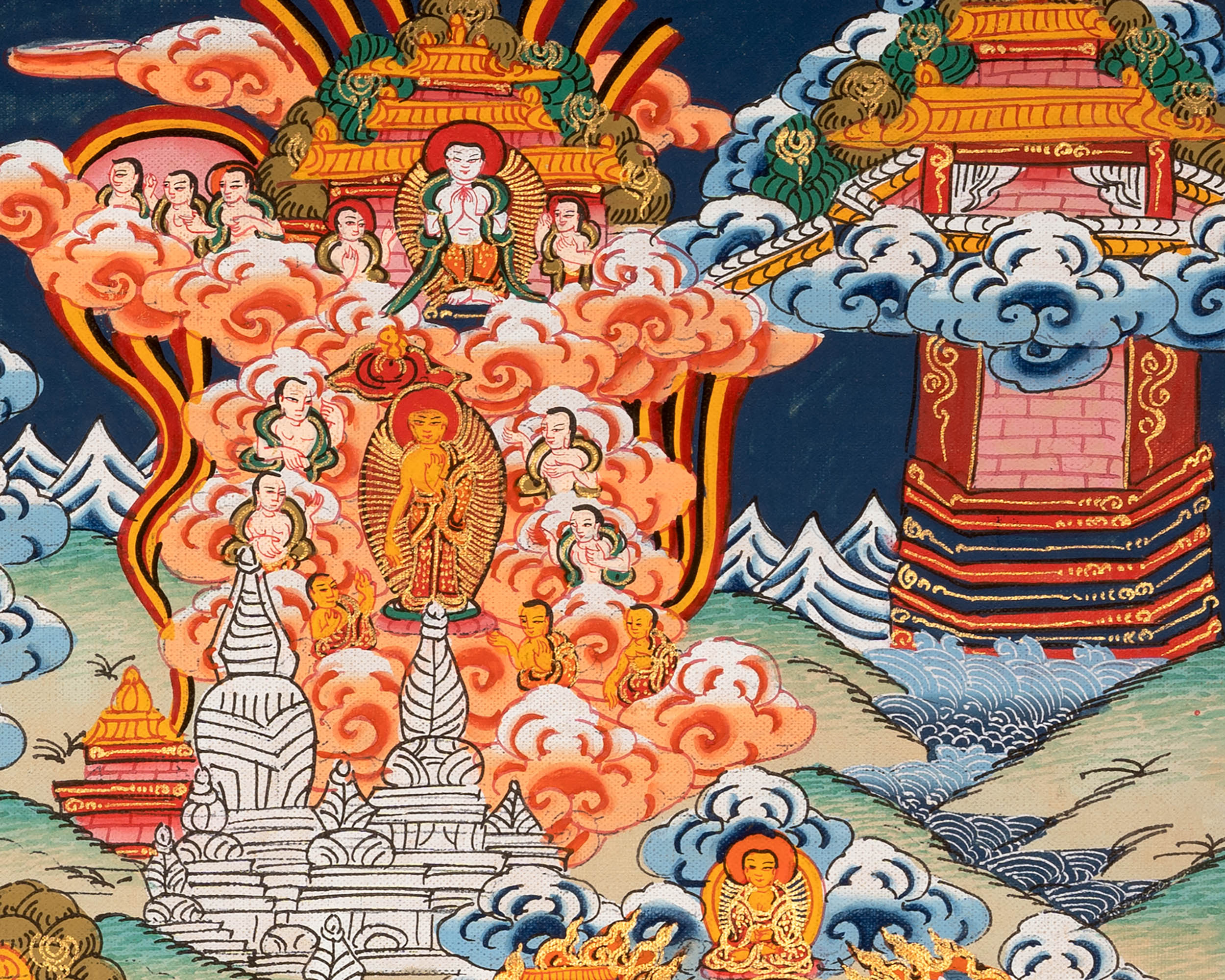 Vintage Buddha Life Thangka |  Shakyamuni Buddha Story Thangka for Meditation and Devotion