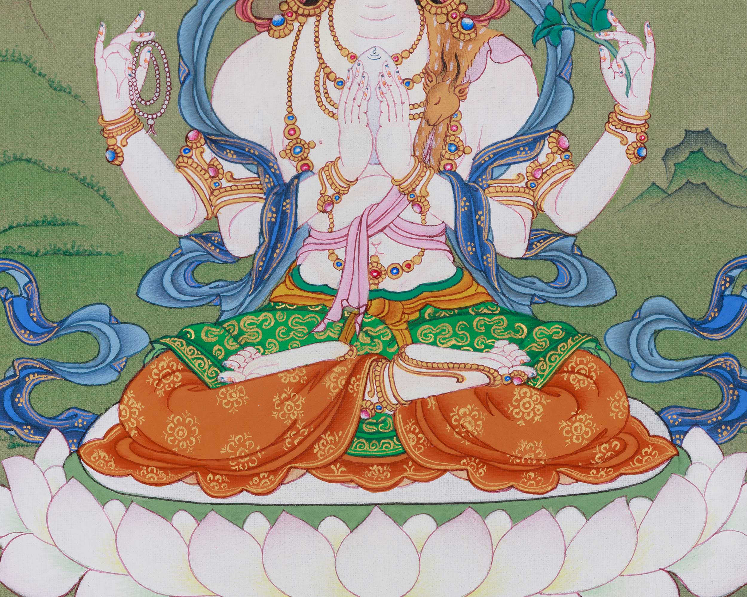 Traditional Four-Armed Avalokiteshvara Thangka | Chenrezig Painting