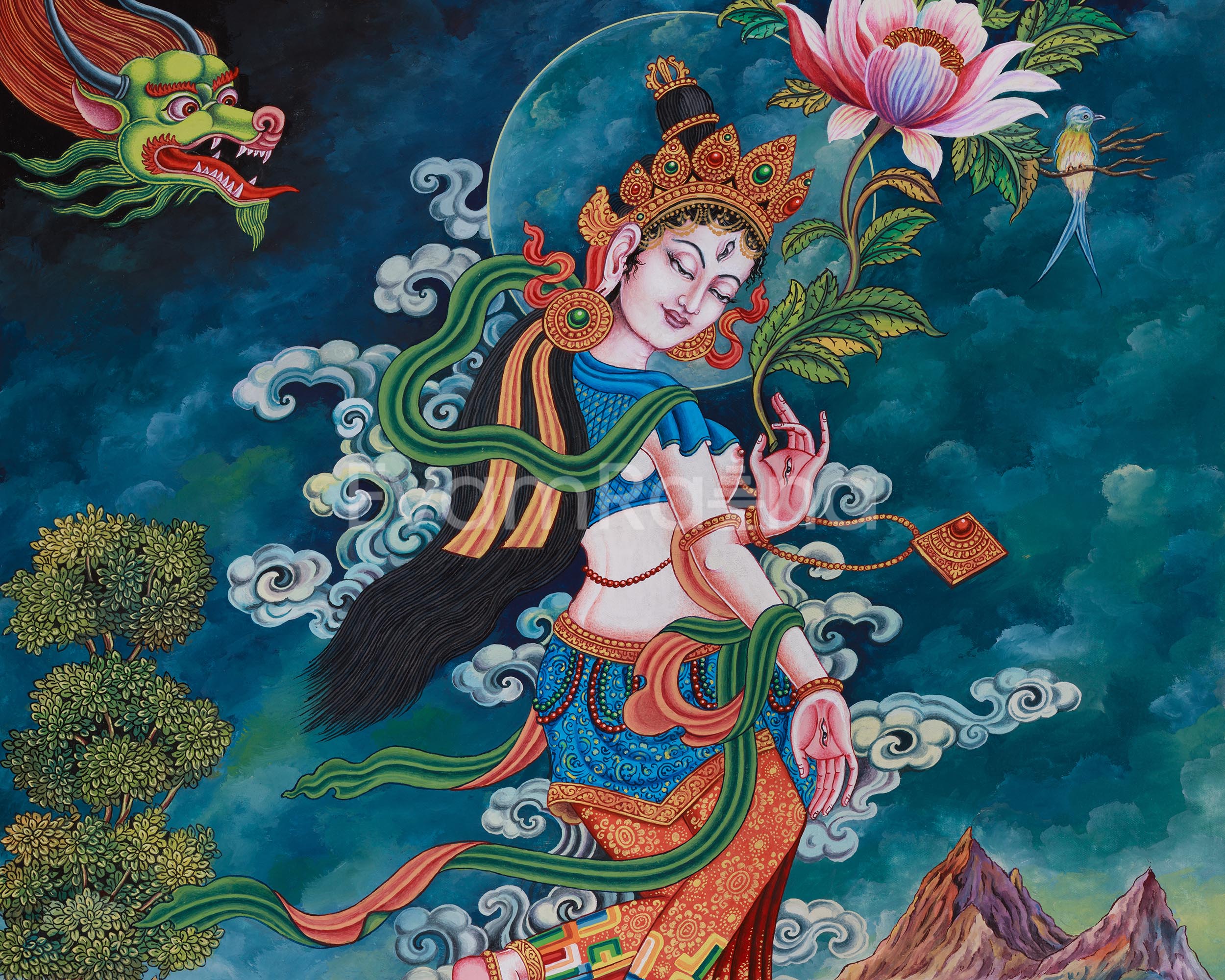Graceful White Tara Thangka Print | Buddhist Goddess Canvas Wall Art for Healing