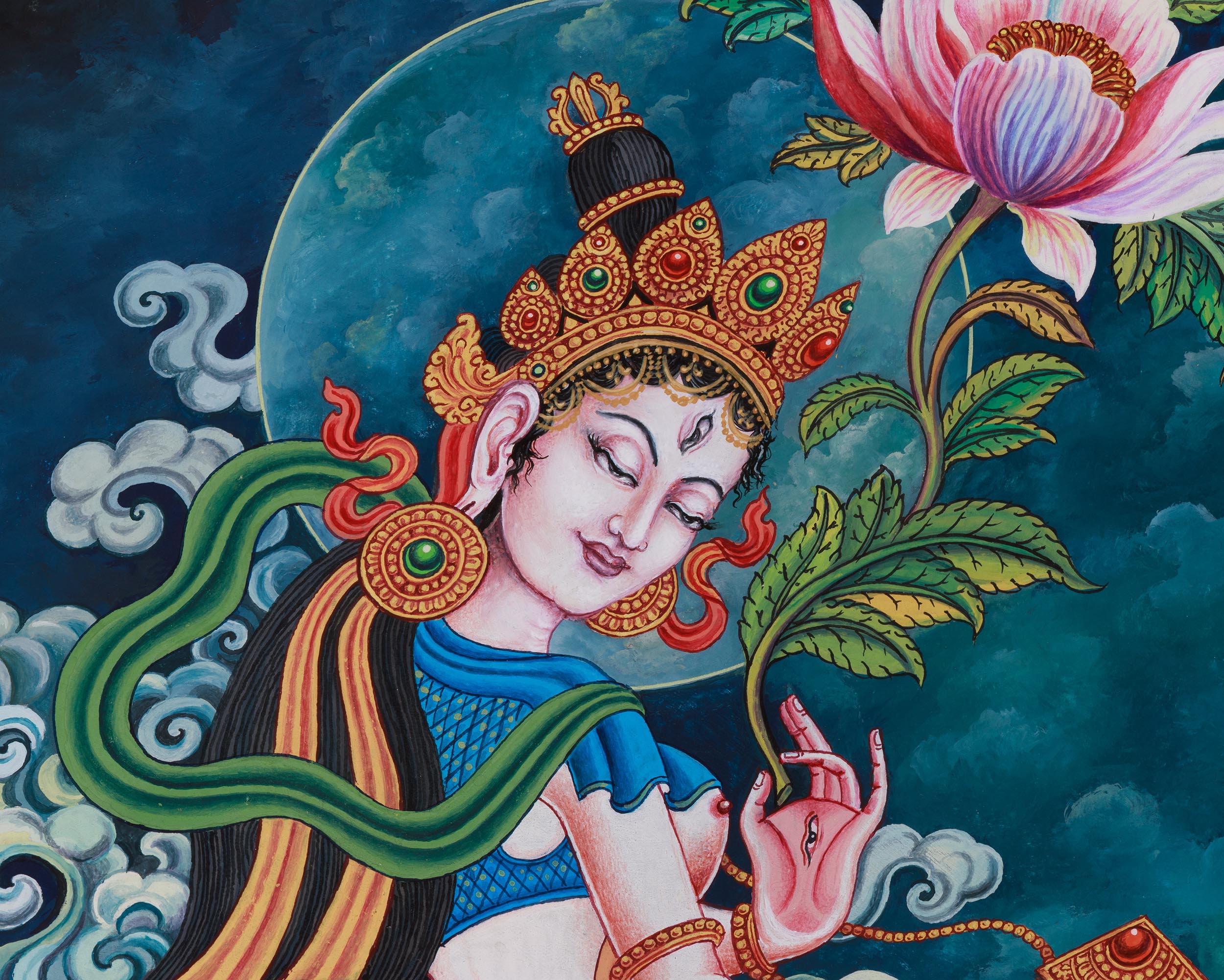 Graceful White Tara Thangka Print | Buddhist Goddess Canvas Wall Art for Healing