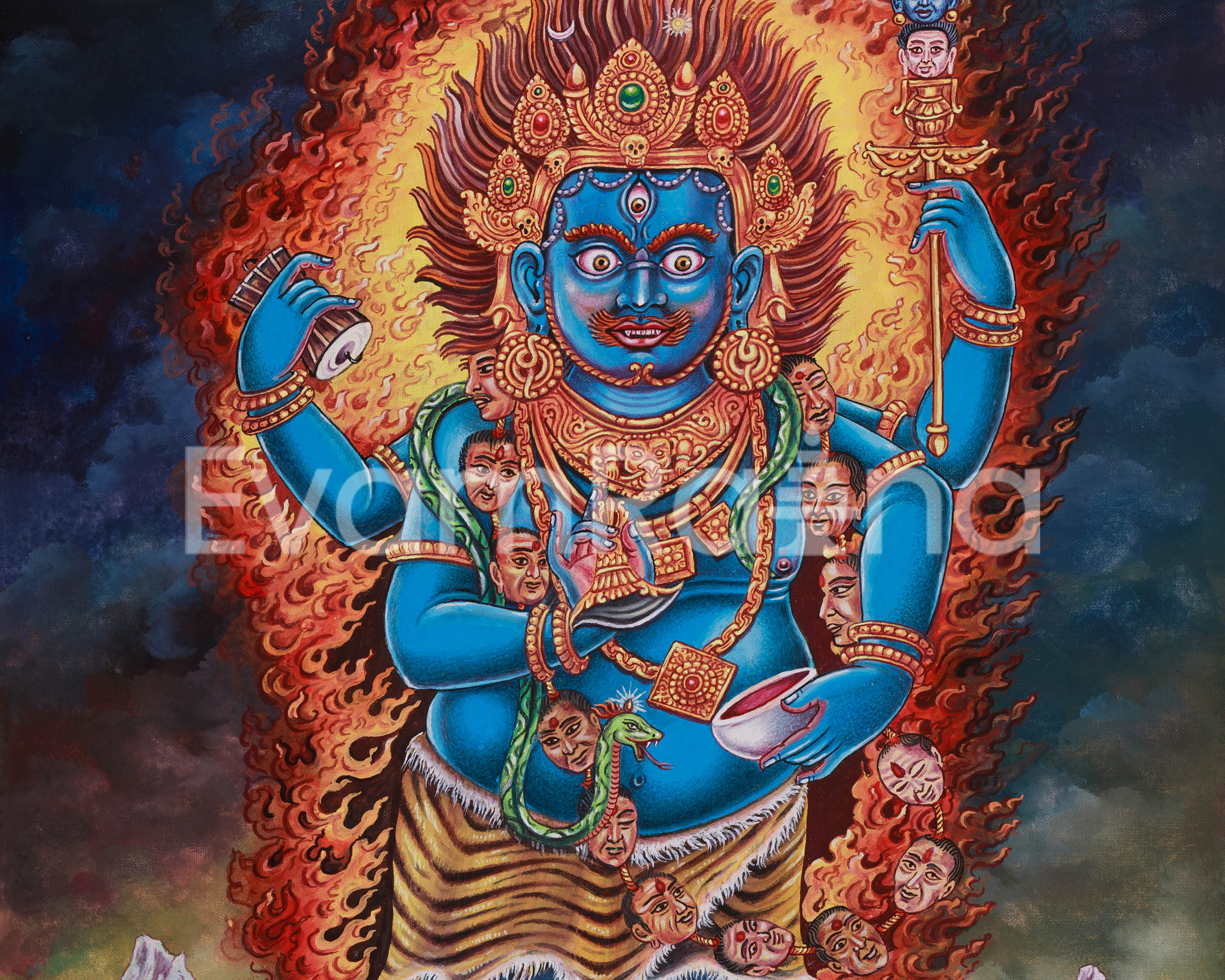 Four-Armed Mahakala Thangka Print | Tibetan Protector Deity