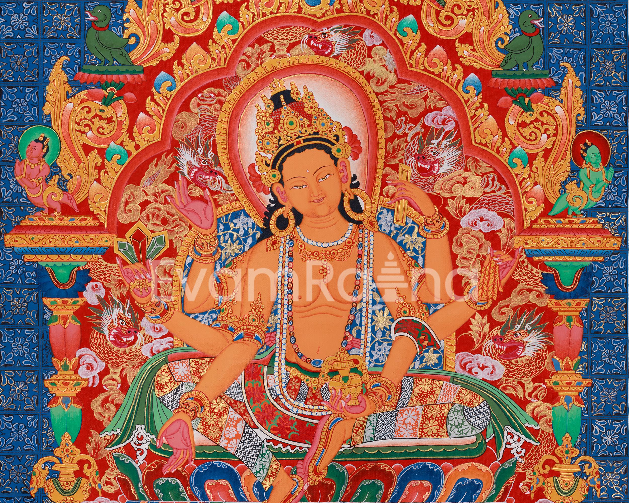 Six-Armed Vasudhara Thangka Print | Newari Buddhist Goddess for Wealth & Abundance