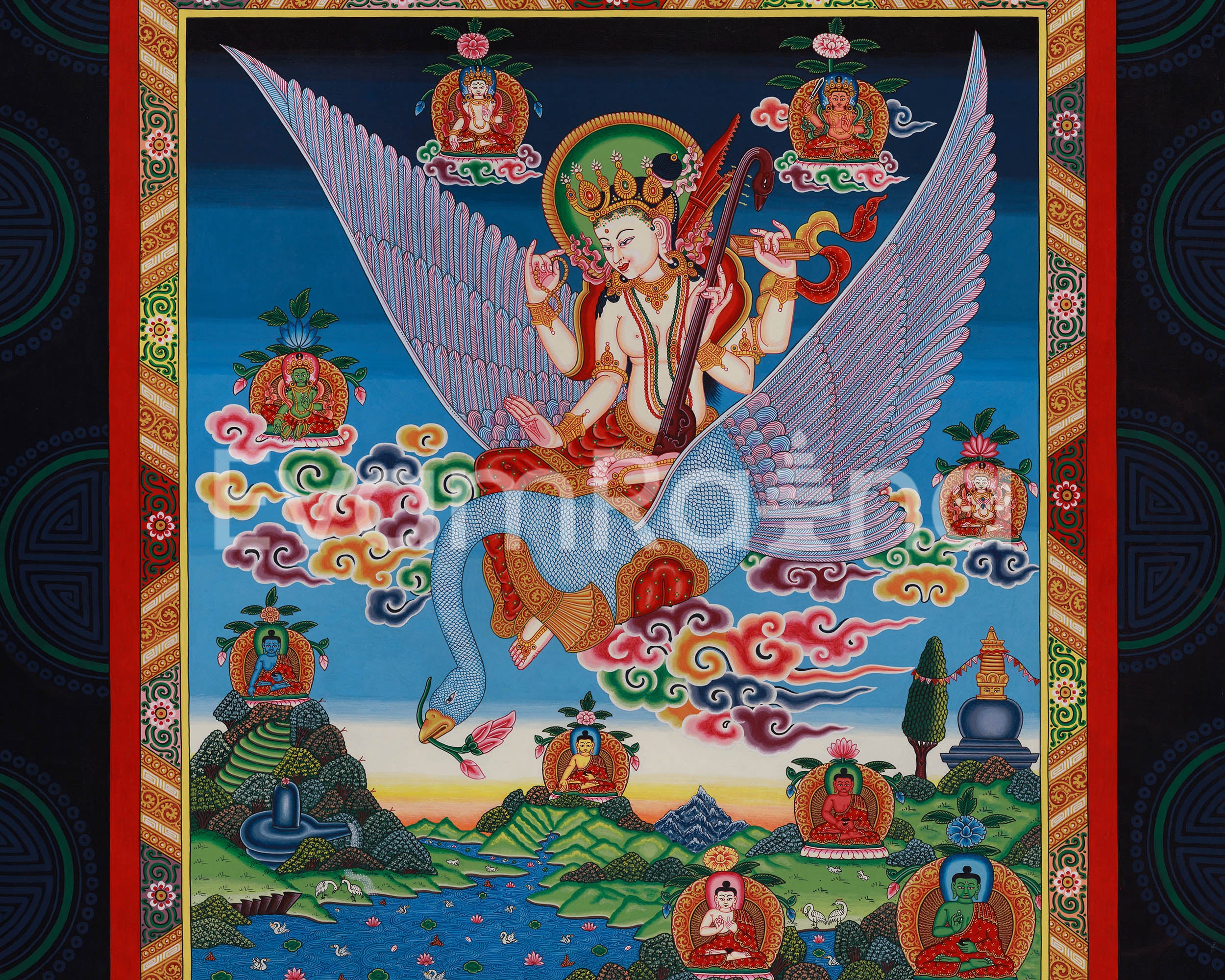 Newari Goddess Saraswati Seated on Swan | Paubha Artwork Print