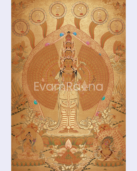 Avalokiteshvara in Gold with Mantra and Deities