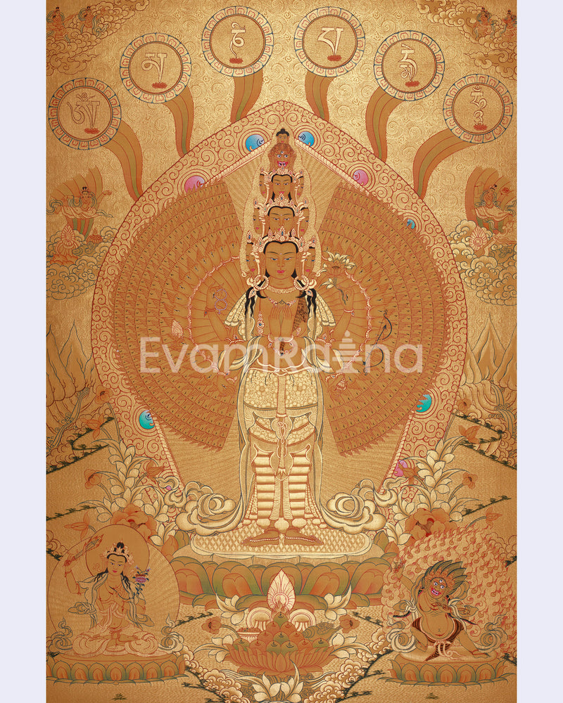 Avalokiteshvara in Gold with Mantra and Deities