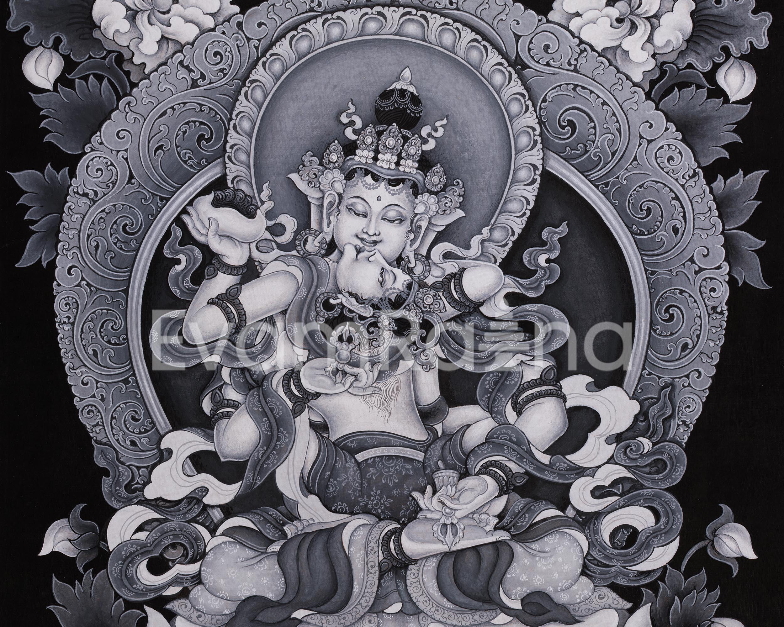 Vajrasattva with Consort Paubha Art | Black and White Print for Purification & Wisdom
