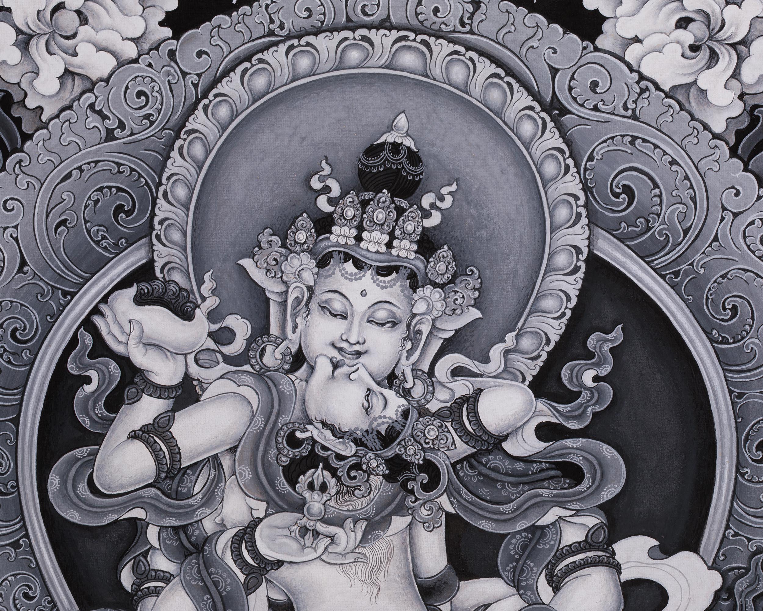 Vajrasattva with Consort Paubha Art | Black and White Print for Purification & Wisdom