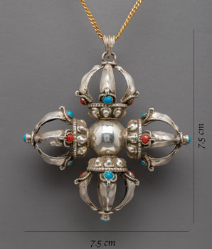 Silver Double Vajra Locket | Double Dorje Pendant With Stone Embroid